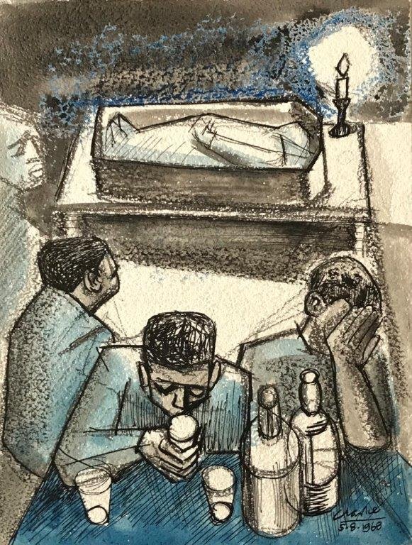 Peter Clarke, Pen, Ink, , Cryon, Wash, - The Wake