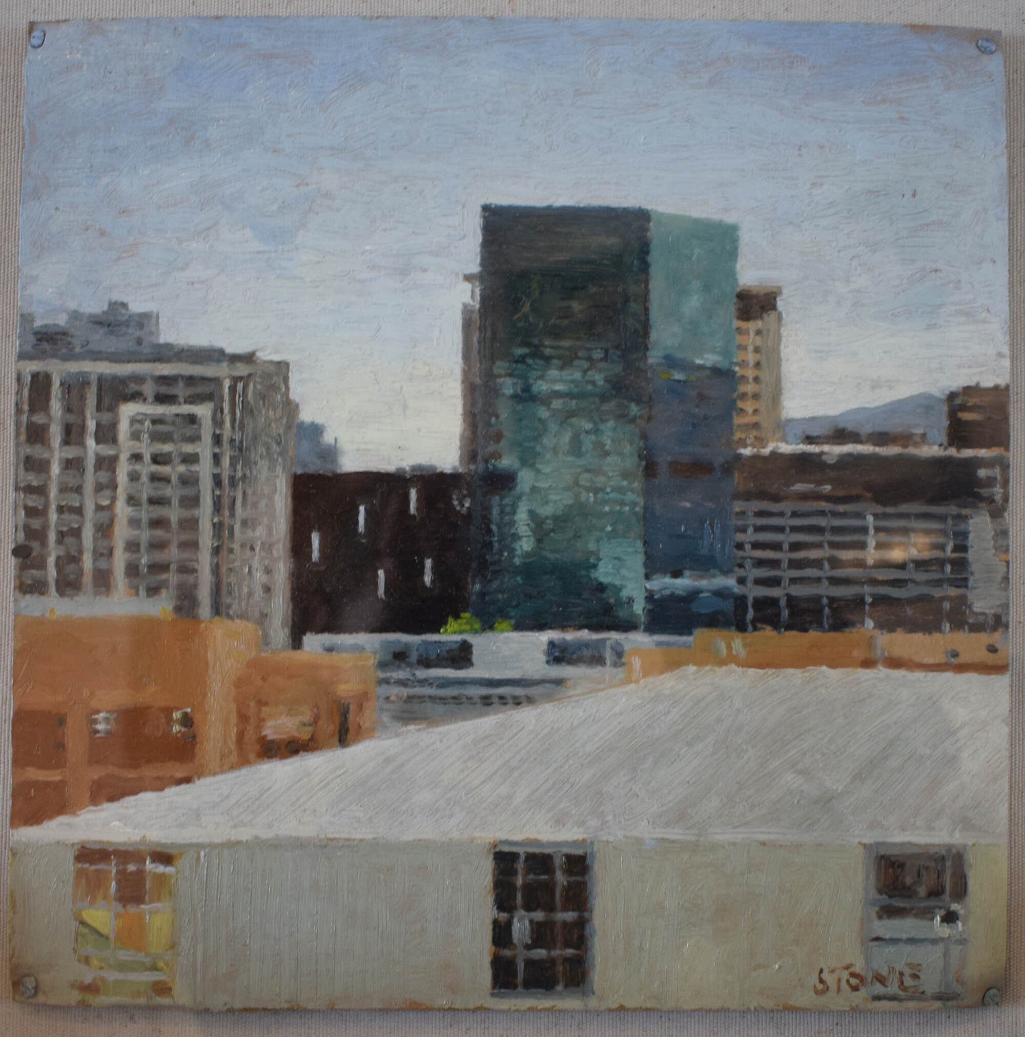 Simon Stone - City Turquoise, Oil on Cardboard on Canvas Board