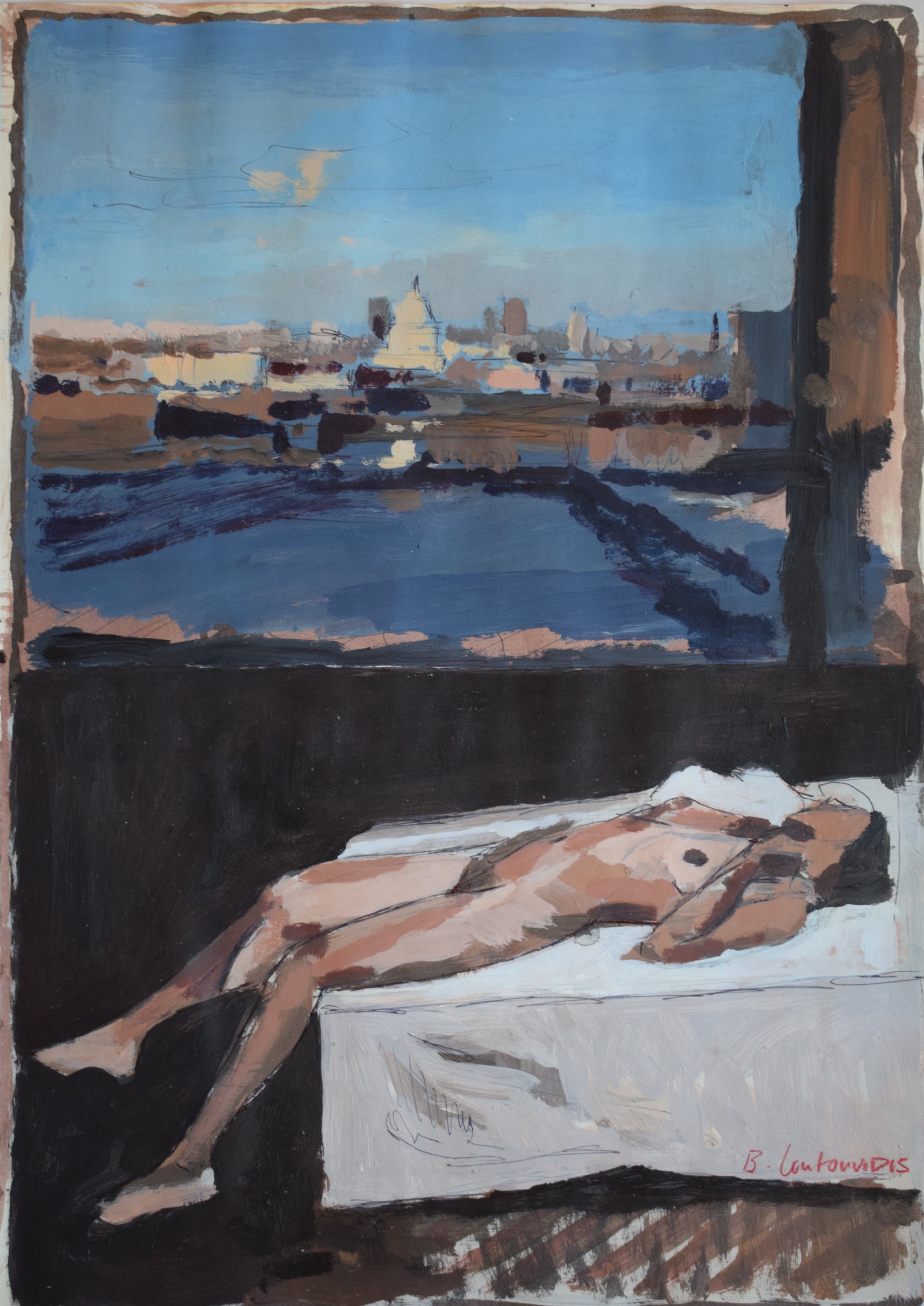 Ben Coutouvidis -  St Paul's from the Thames & Figure lying on bed, Oil on Paper