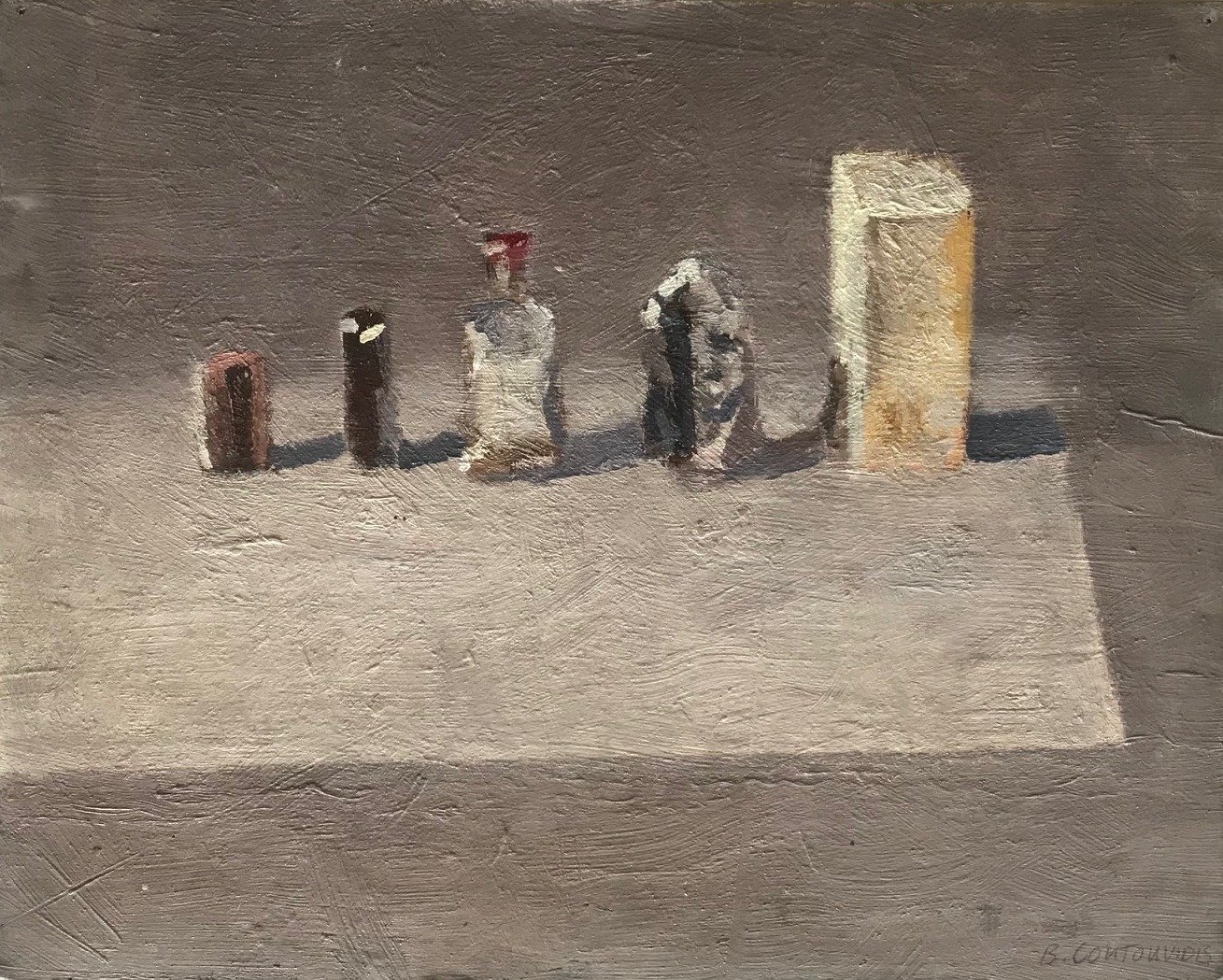 Ben Coutouvidis, Still life, block of wood, stone and bottle, Oil on Cardboard