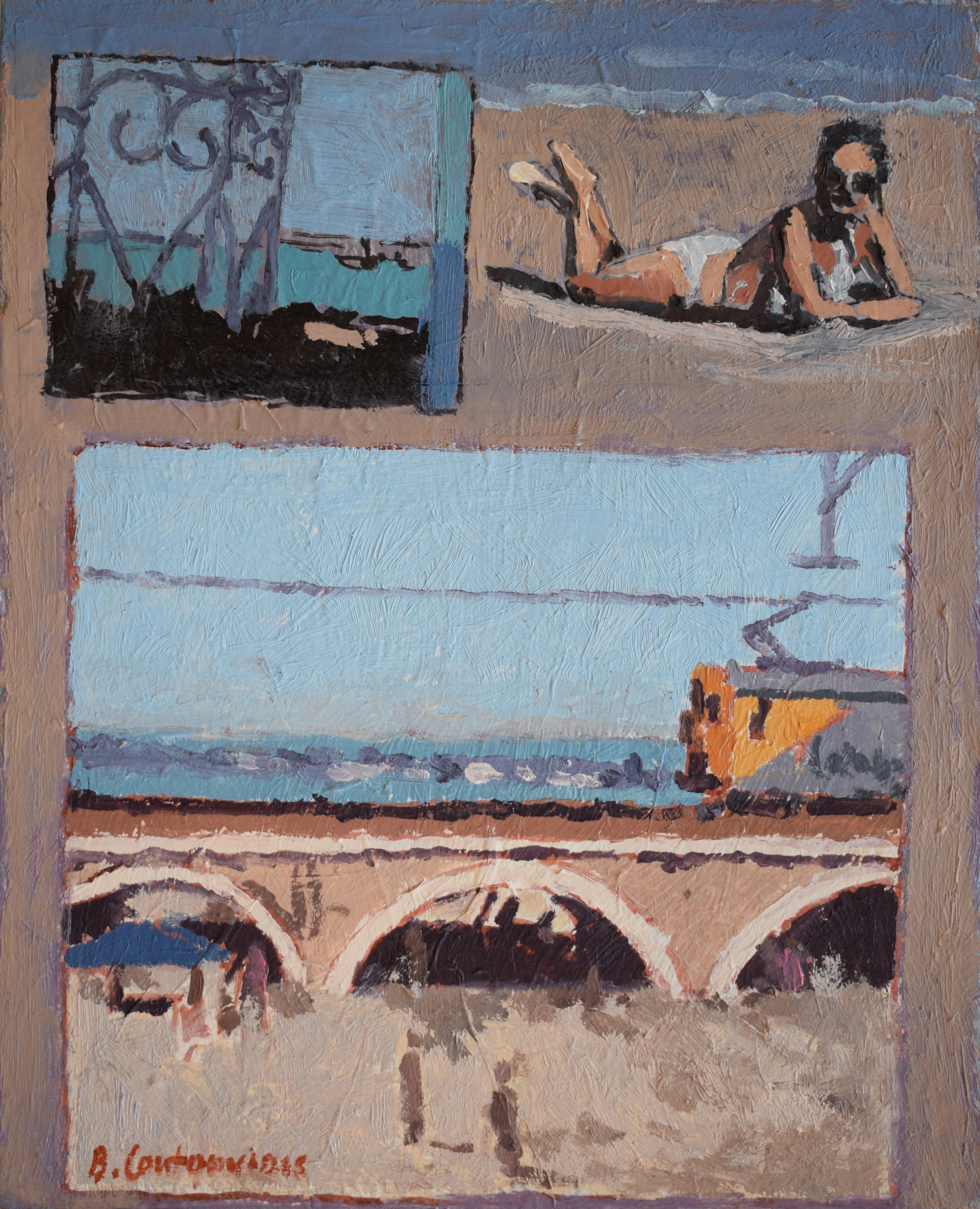 Ben Coutouvidis - Sunbathing, Kalk Bay Harbour - Oil on Cardboard