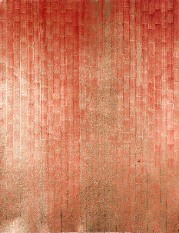 Cathy Abraham, Red falling, 2024, oil and gold leaf on Fabriano tela paper, ()